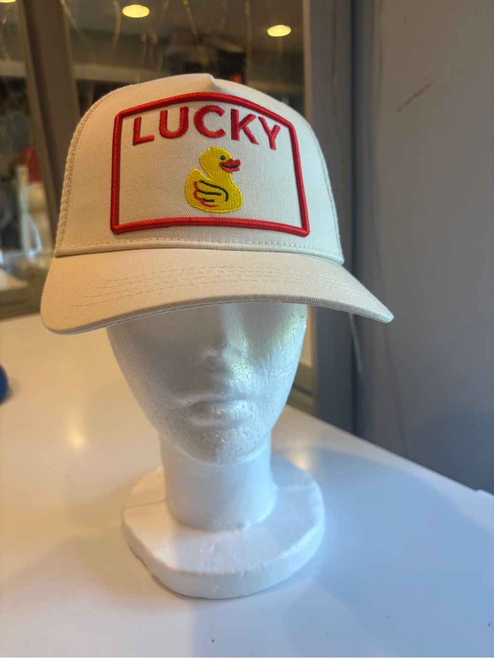 Lucky Duck Embroidered Trucker Cap - Cream/Red